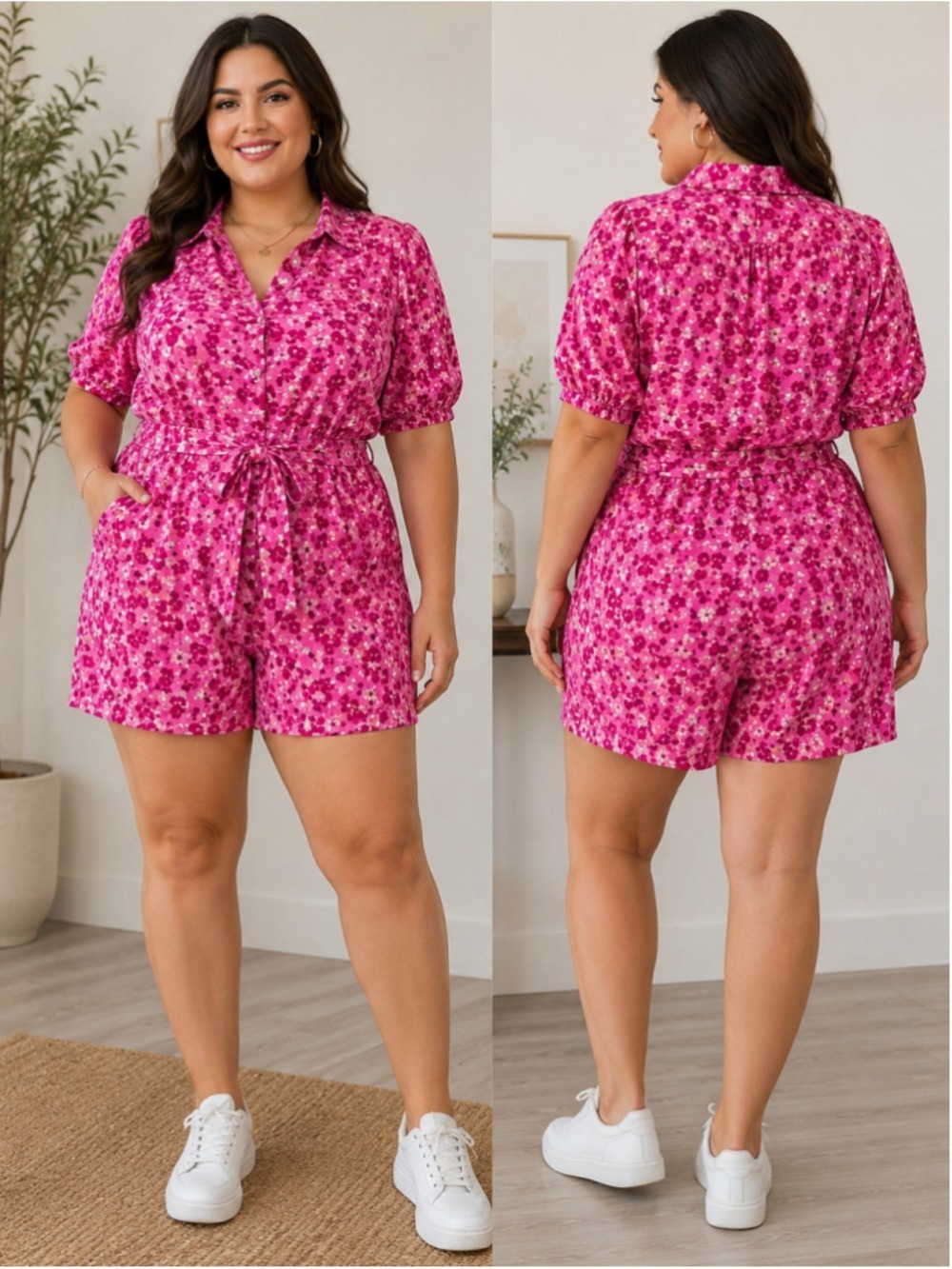 ELOQUII Elements Pink Floral Romper Size 18 Belted Collared Puff Sleeve Plus